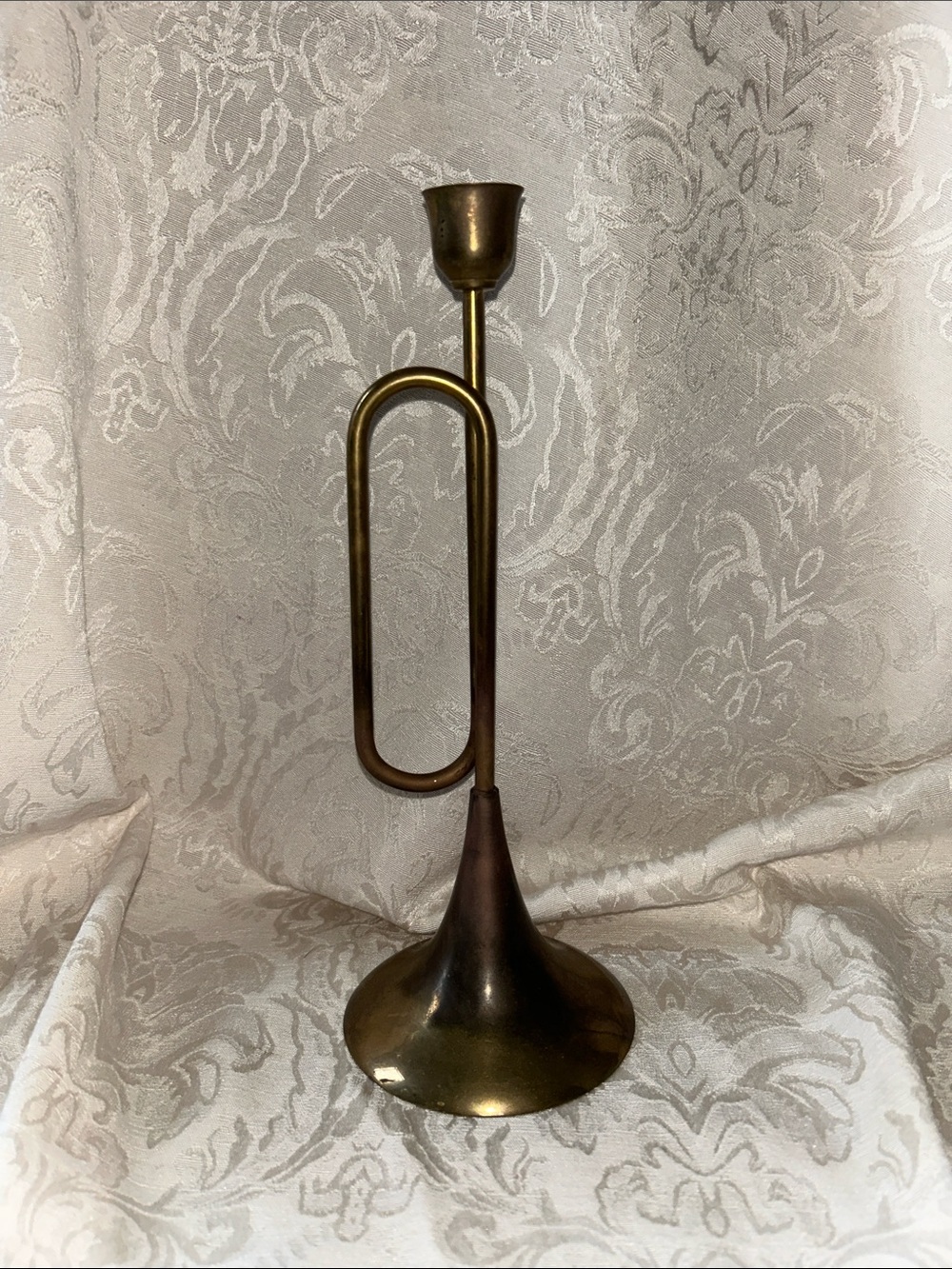 Vintage brass candlestick holder. Bugle. 10”h 3.75”base.